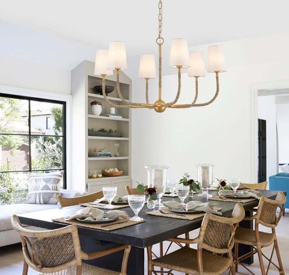 MhyTogn 34" Boho Chandelier, with Creamy-White Fabric and Natural Rattan Arched